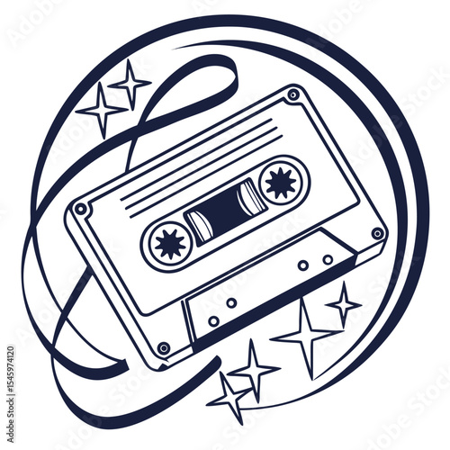 Retro cassette tape with swirling lines and stars design element