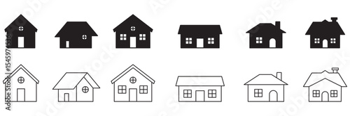 Black house icons set, collection of residential buildings, home vector silhouettes, architectural symbols, modern property illustration . eps 10 