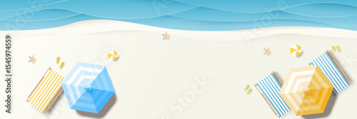 Summer, travel and holiday concept. Aerial view of sunbed, flip flops, beach ball, yellow umbrella on sandy beach with copy space. Summertime background. Top view. Vector illustration
