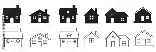 Black house icon collection, various residential building silhouettes, simple home design vector, architecture elements