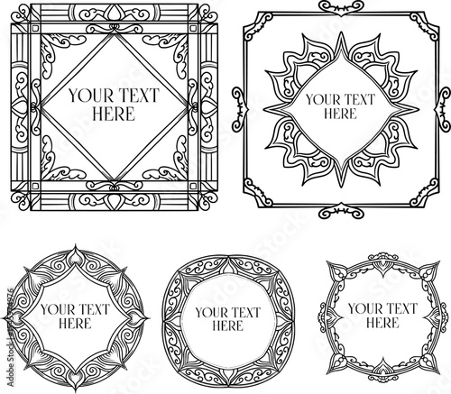 Five frame ornaments with square and oval shapes with different carvings