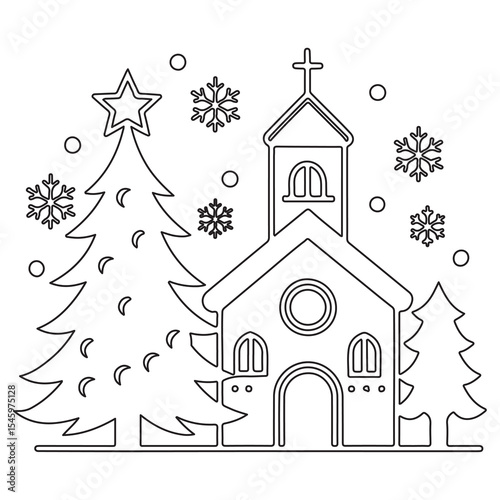 Winter church covered in snow with holiday trees in a peaceful village night scene