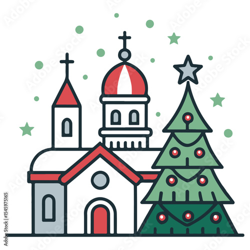 Winter church vector illustration with snow holiday decoration and festive trees