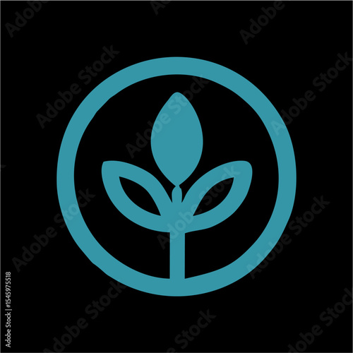 Minimalist Teal Plant Icon in Circular Frame on Black Background – Eco Growth Vector Symbol,A clean and elegant vector illustration of a stylized two-leaf plant enclosed within a teal circular outline