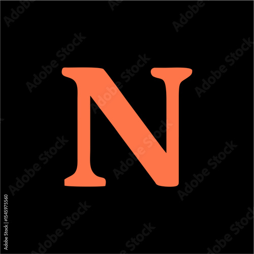 Bold Orange Serif Letter N Monogram on Black Background – Modern Alphabet Logo Vector, A striking vector graphic showcasing a bold, uppercase serif letter “N” in vibrant orange, centered on a deep bla