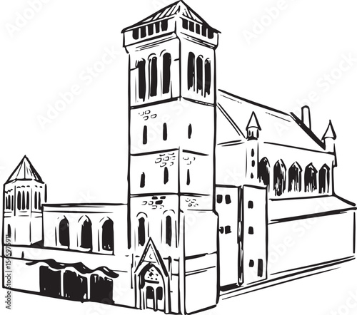 Detailed black and white sketch of a civic hall with a large tower, gothic arches, and classic design. Ideal for architectural prints, education, and heritage-themed creative work.
