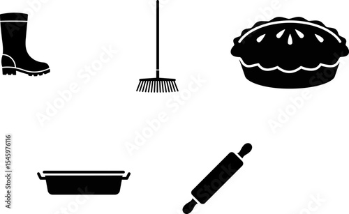 Black silhouettes of boot broom pie pan and roller