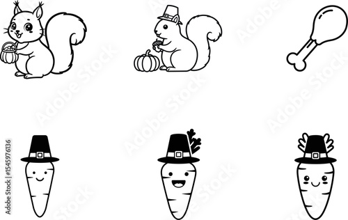 Line art of thanksgiving themed objects and animals silhouette