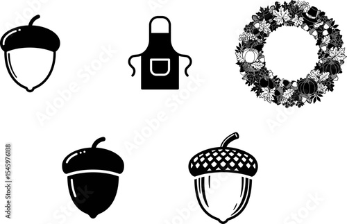 Illustration of acorns apron and thanksgiving wreath silhouette