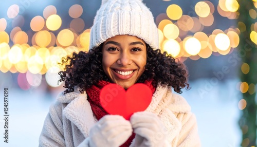 Woman with Heart with Winter Bokeh Background.