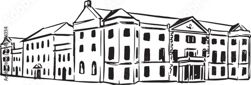 Black and white ink drawing of a large estate with symmetrical layout and elegant architecture. Ideal for educational, historical, or decorative projects related to architecture and culture.