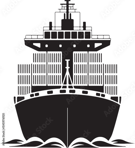 Front view illustration of a large cargo ship loaded with shipping containers at sea