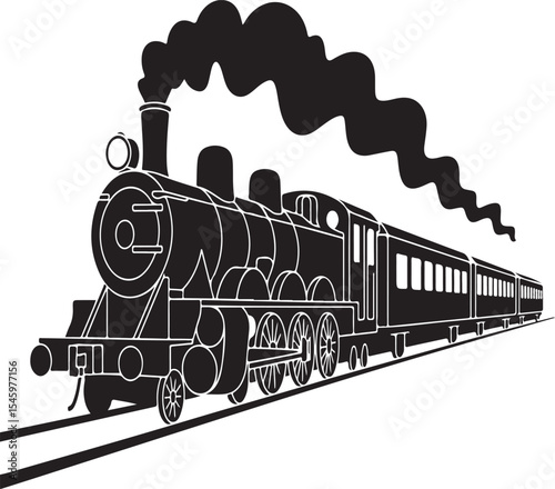 Silhouette illustration of a detailed vintage steam locomotive traveling on railroad tracks