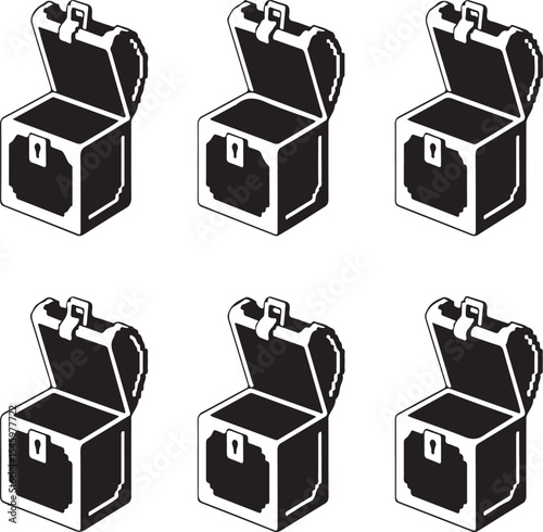 Six vector illustrations of open treasure chests depicting wealth and treasure concepts