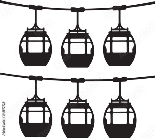 Black and white vector illustration of gondola lift cable cars isolated on white background