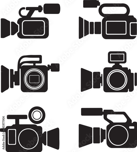 Set of six different black and white video camera icons in silhouette style for various applications