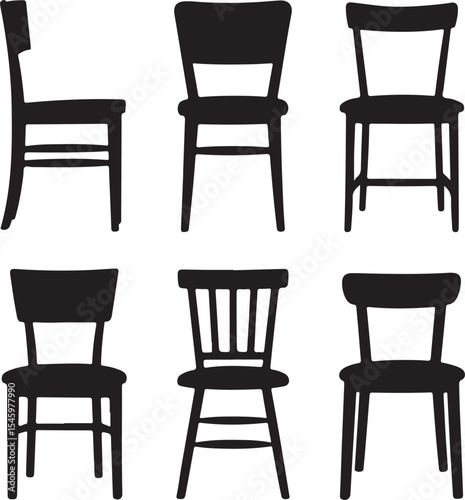 Six different silhouettes of classic wooden chairs in black and white design