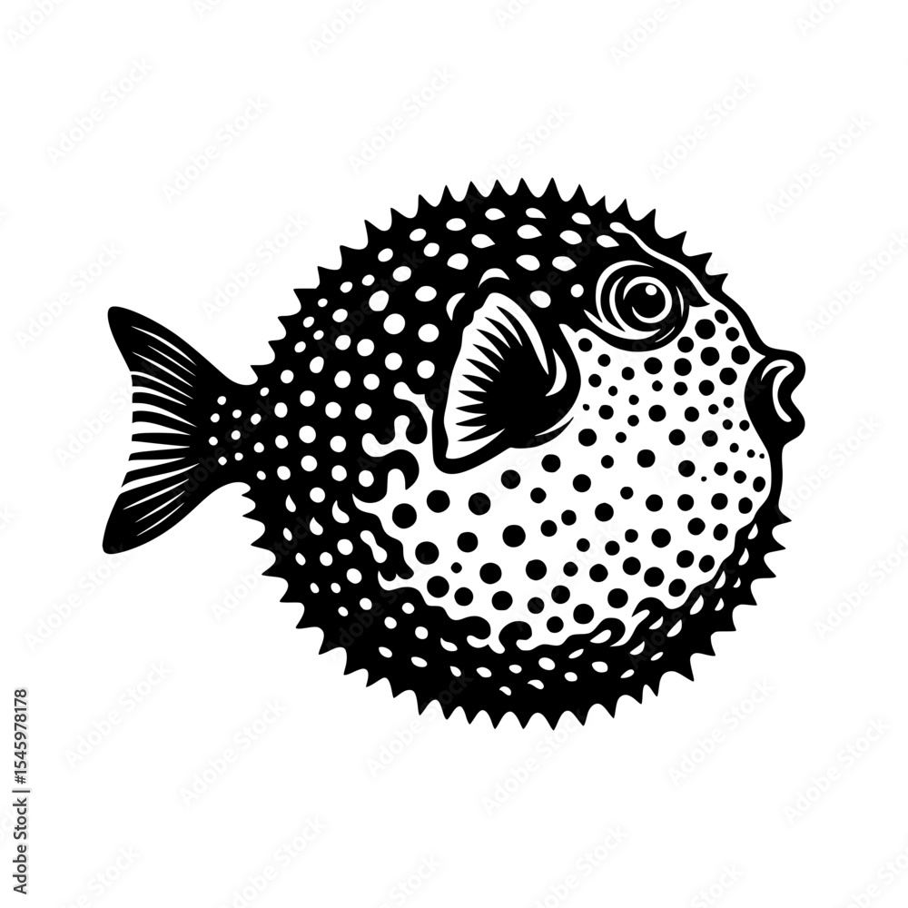 Obraz premium Black and white vintage style pufferfish illustration