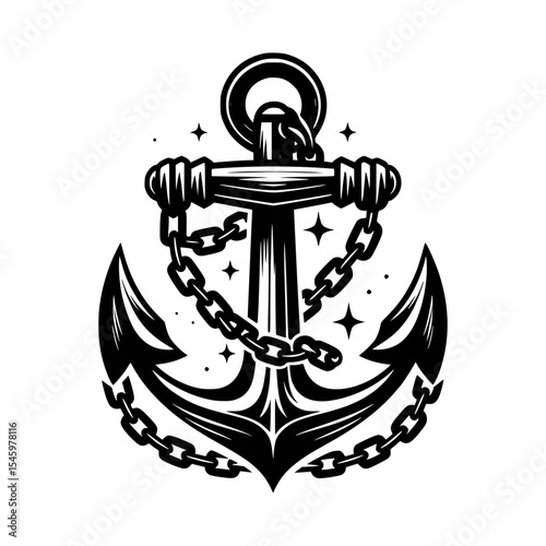Vintage anchor with chain nautical illustration