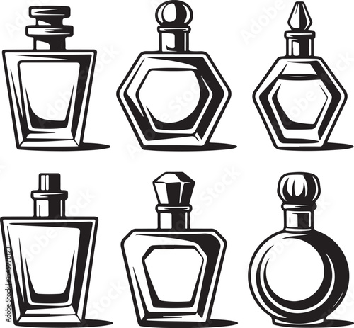 Vector illustration of elegant perfume bottles in various geometric shapes and sizes.