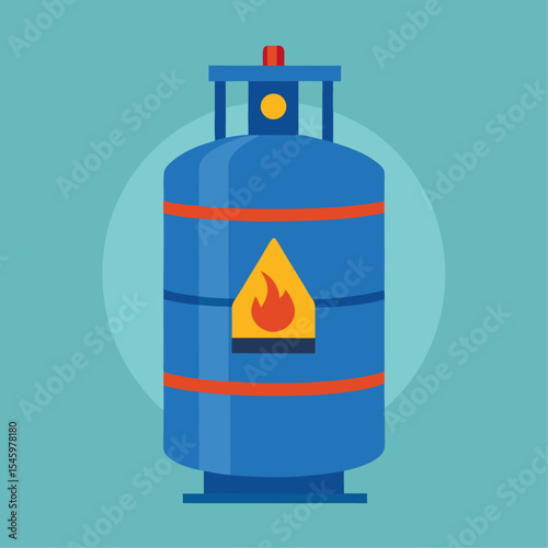 Large blue propane gas tank with flame warning icon