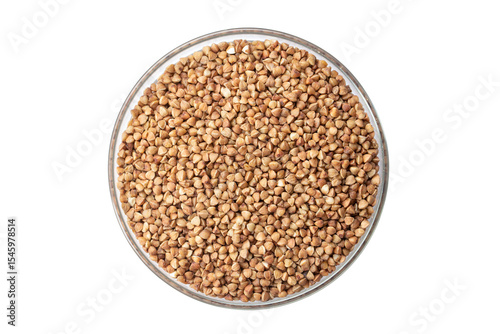 Bowl of roasted buckwheat isolated on white background. An ancient gluten-free grain for a healthy diet. File contains clipping path.