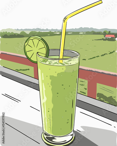 Refreshing Limeade Illustration with Rural Background for Summer Drink and Vacation Vibes