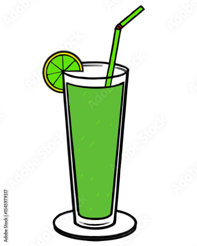 Refreshing Green Drink with Lime and Straw Illustration on White Background for Summer