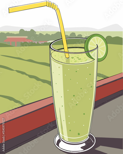 Refreshing Green Smoothie with Lime and Straw Overlooking a Scenic Landscape Illustration