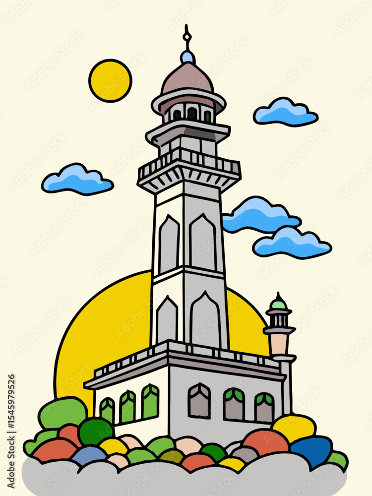 Fototapeta premium Cartoon Illustration of a Mosque Minaret with Sun Clouds and Colorful Rocks on a Cloudy Base