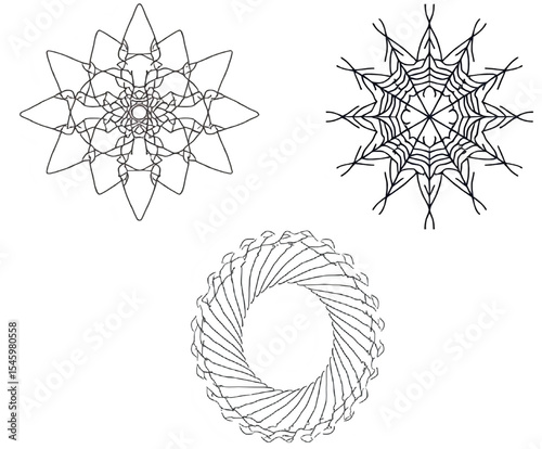 Geometric Mandala Designs, Abstract Line Patterns, Symmetrical Art Shapes, Monochrome Mandalas, Digital Sacred Geometry, Circular Line Art, Minimalist Spirographs, Ornamental Line Figures
