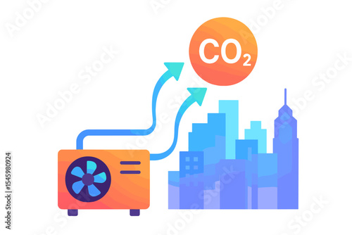 Cool air technology reduces CO2 emissions in city landscape with modern buildings and a bright sunset background