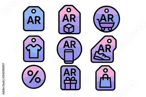 Colorful shopping tags in various designs illustrating augmented reality concepts and retail elements
