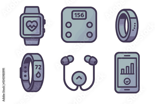 Smart fitness devices including a watch, tracker, scales, earbuds, and phone in a digital composition showcasing health technology