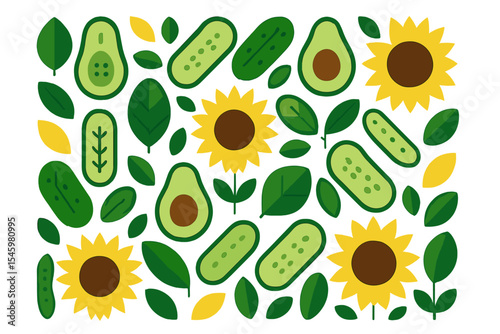 Colorful pattern featuring avocados and sunflowers arranged among leaves and cucumbers in a cheerful design