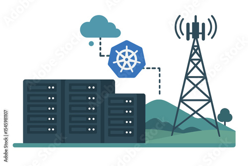 Cloud computing infrastructure with server racks, Kubernetes symbol, and communication tower in a mountainous landscape