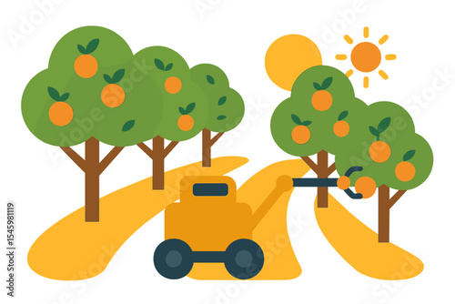 Harvesting oranges on a sunny day in a vibrant orchard with automated machinery