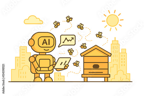Robot monitors bee activity in a vibrant urban garden on a sunny day