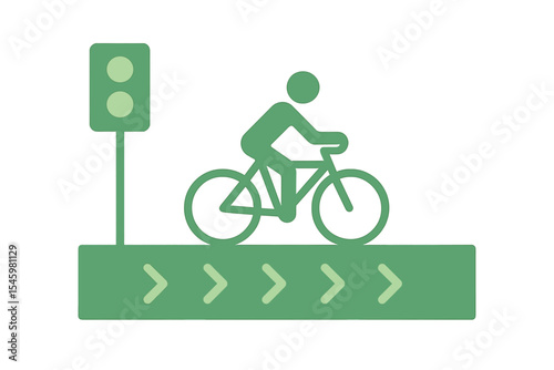 Green bicycle lane sign indicating safe cycling path at a traffic signal during daytime