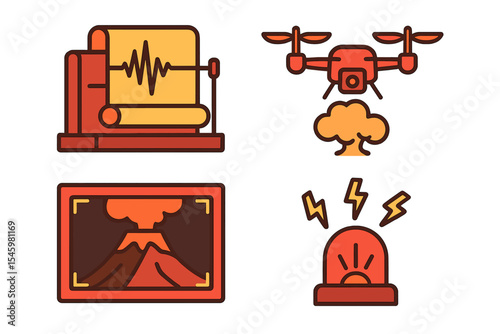 Seismic activity monitoring tools and symbols including drone surveillance, alarm signals, and volcanic imagery