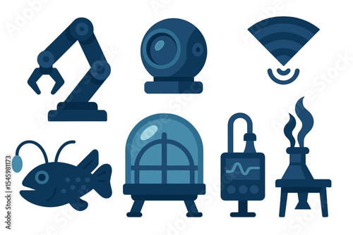 Creative design elements featuring robotics, marine life, and technology in a flat style suitable for various applications
