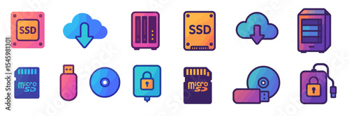 Collection of colorful digital storage icons representing various devices and data transfer options
