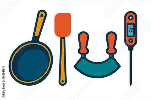 Kitchen utensils for cooking and baking displayed in a colorful and modern design