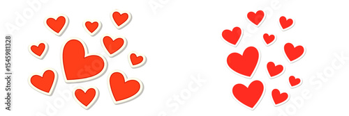 Colorful collection of red hearts scattered across a white background, symbolizing love and affection