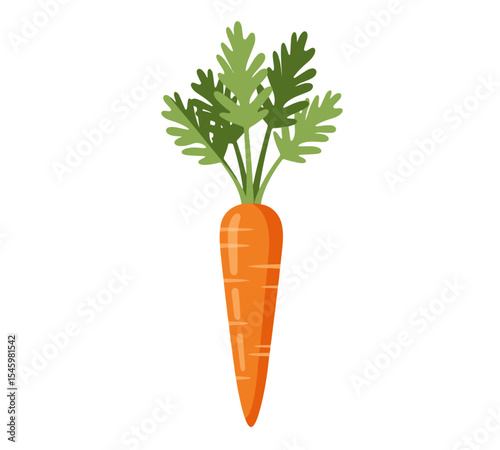 A clean flat vector illustrates a single, vibrant orange carrot with green leaves, isolated on white. Clean vector of a vibrant orange carrot with green leaves on white. Ideal for food, recipes, healt