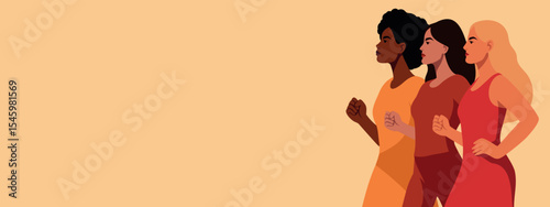Women's Day March 8. Vector banner with space for text, three beautiful women of different cultures walking together. Movements for gender equality and women's empowerment. Feminism