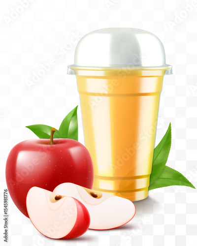 Clear plastic cup with red apple juice or smoothie. Cup with sphere dome cap for milkshake, lemonade. Fruity organic shake with ice cube. Fruit cocktail. Realistic 3d vector template