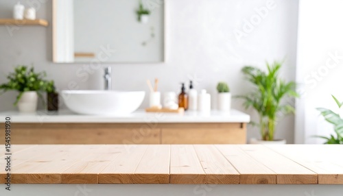 Wooden table with blurry bathroom background.
