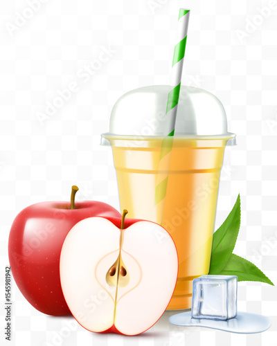 Clear plastic cup with red apple juice or smoothie. Cup with sphere dome cap for milkshake, lemonade. Fruity organic shake with ice cube. Fruit cocktail. Realistic 3d vector template
