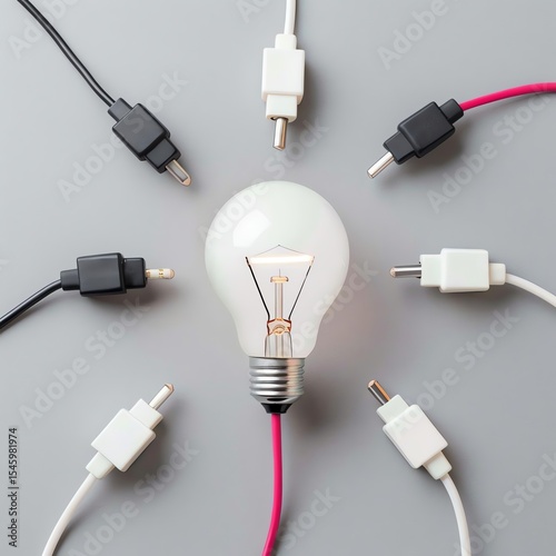 A lightbulb with multiple cords plugged in from different sides